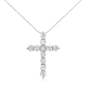 .925 Sterling Silver 1.0 Cttw Prong Set Round-Cut Diamond Cross 18" Pendant Necklace