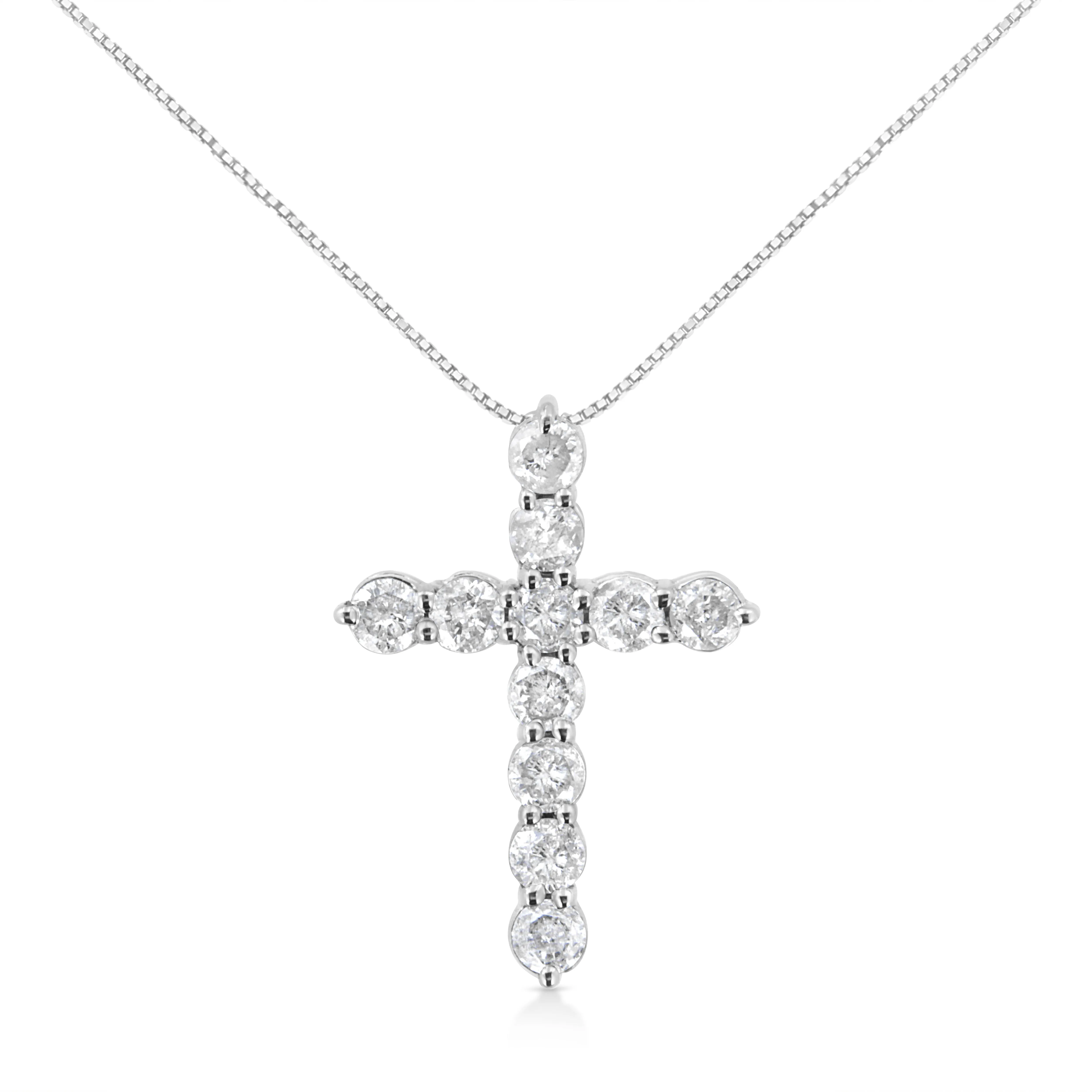 .925 Sterling Silver 1.0 Cttw Prong Set Round-Cut Diamond Cross 18" Pendant Necklace