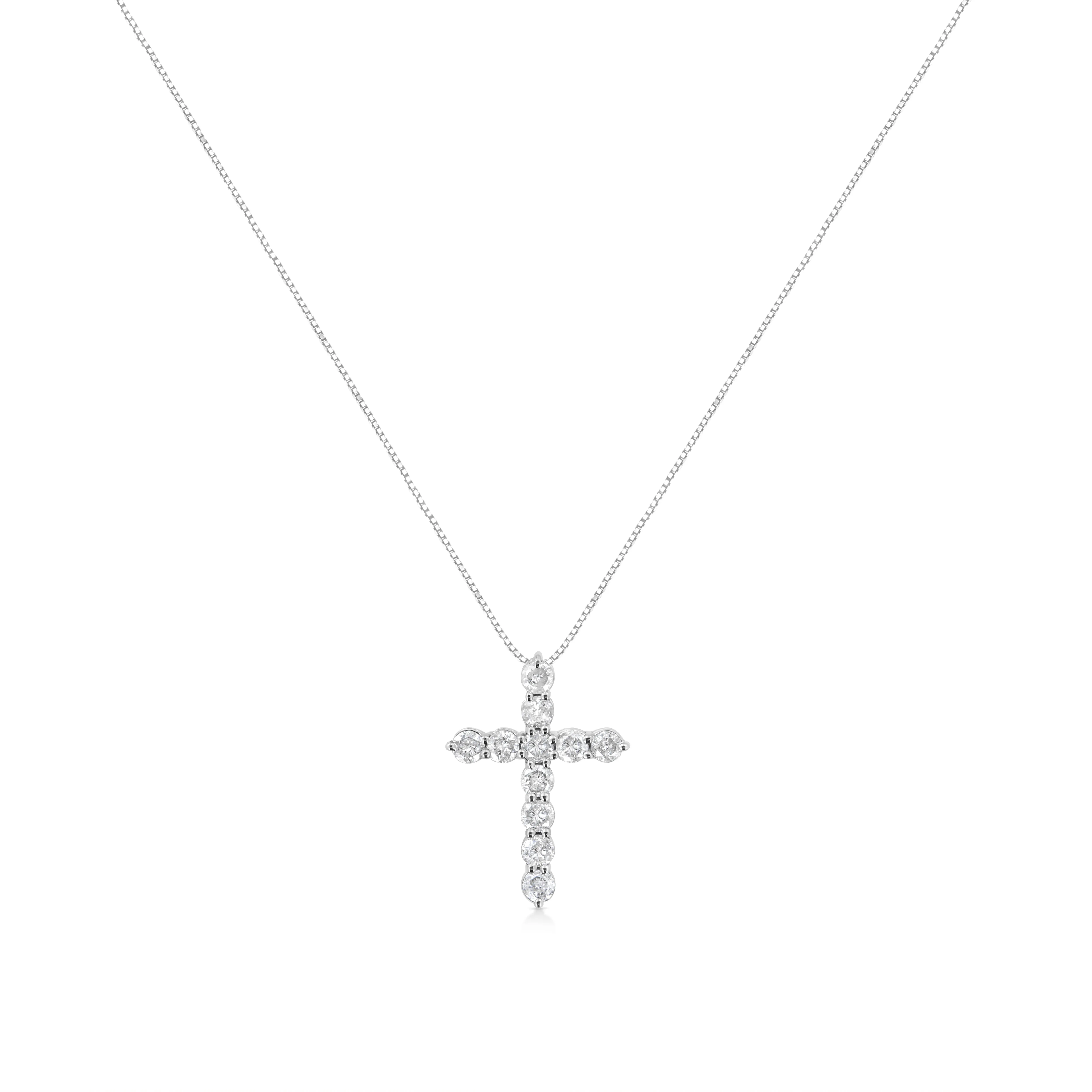 .925 Sterling Silver 1.0 Cttw Prong Set Round-Cut Diamond Cross 18" Pendant Necklace