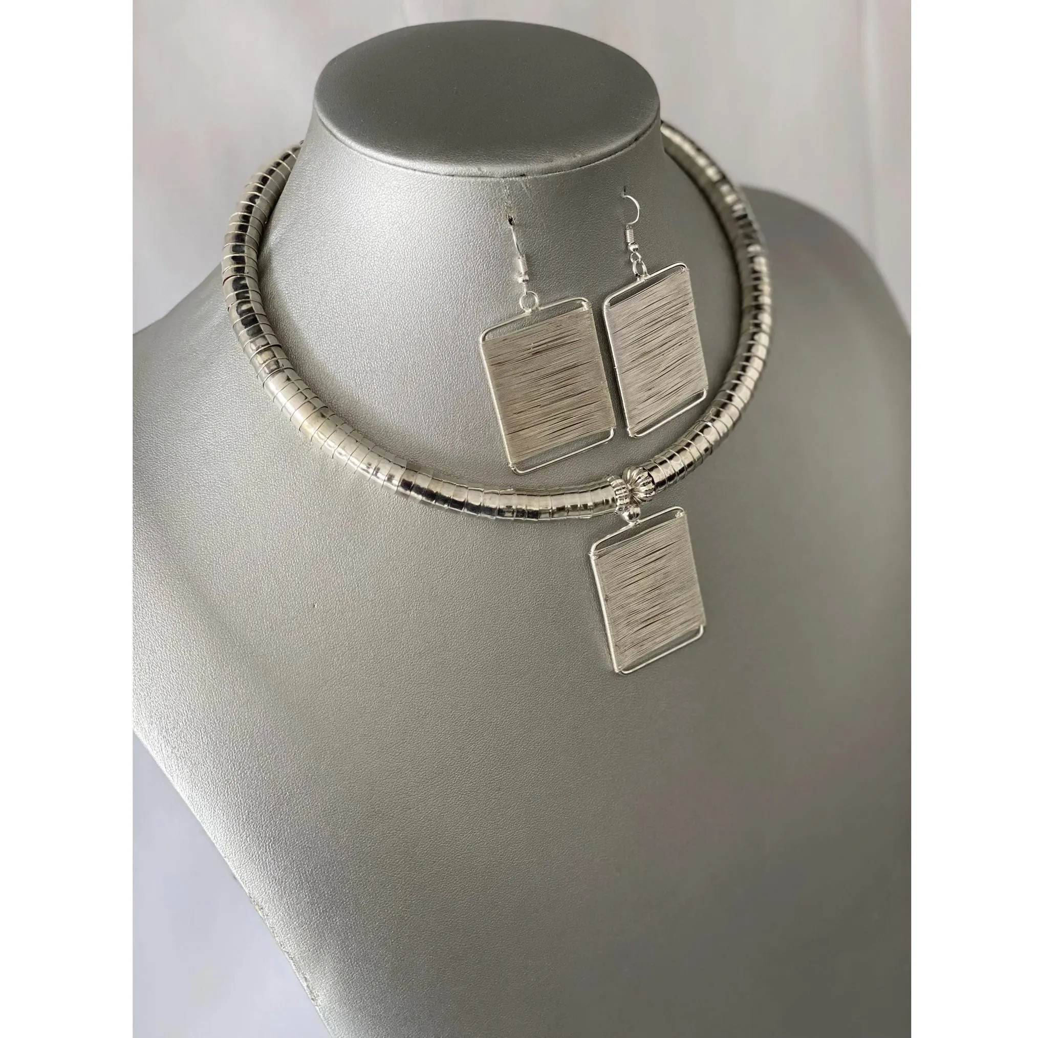 African Metal Rectangle Token Necklace Set -- SILVER -- Jewelry A35