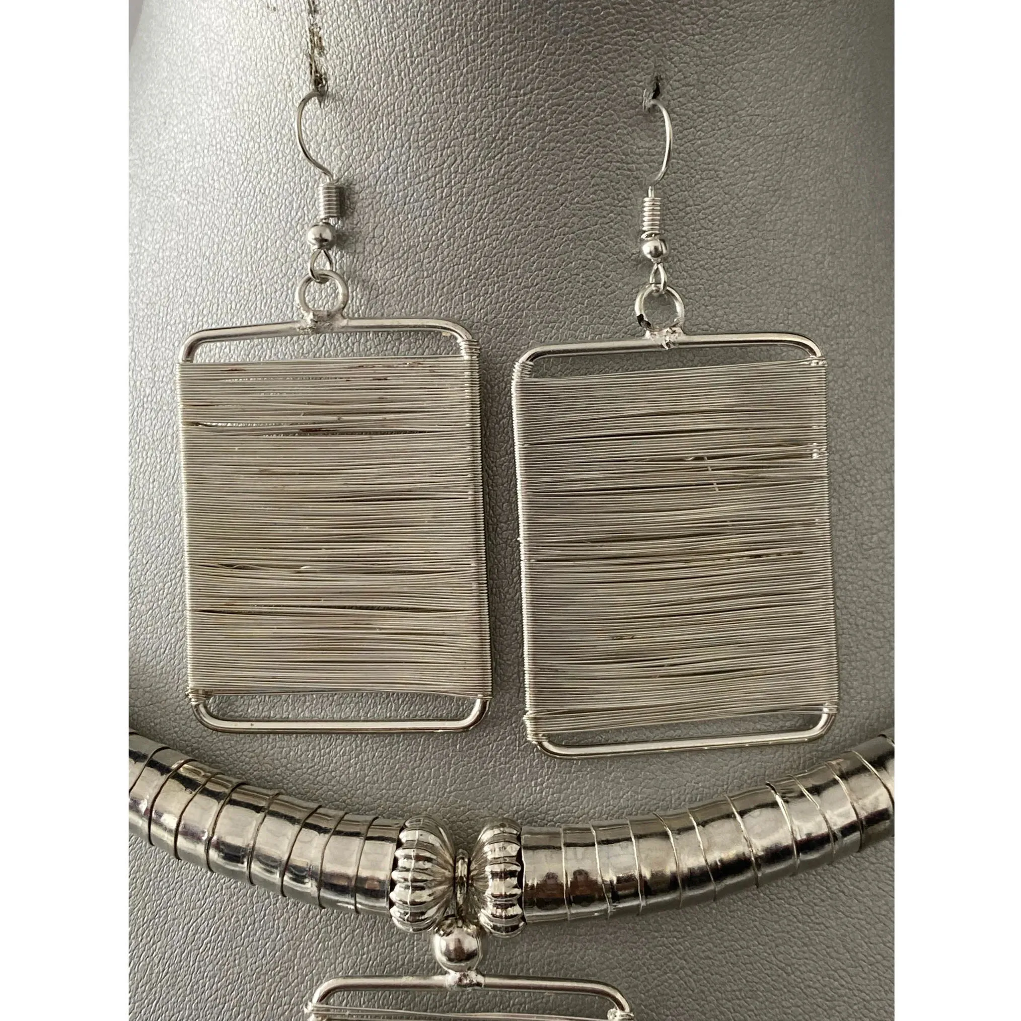 African Metal Rectangle Token Necklace Set -- SILVER -- Jewelry A35