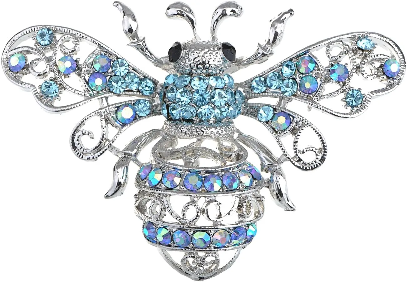 Alilang Ice Blue Queen Bee Sparkle Rhinestone Encrusted Insect Bug Brooch Pin