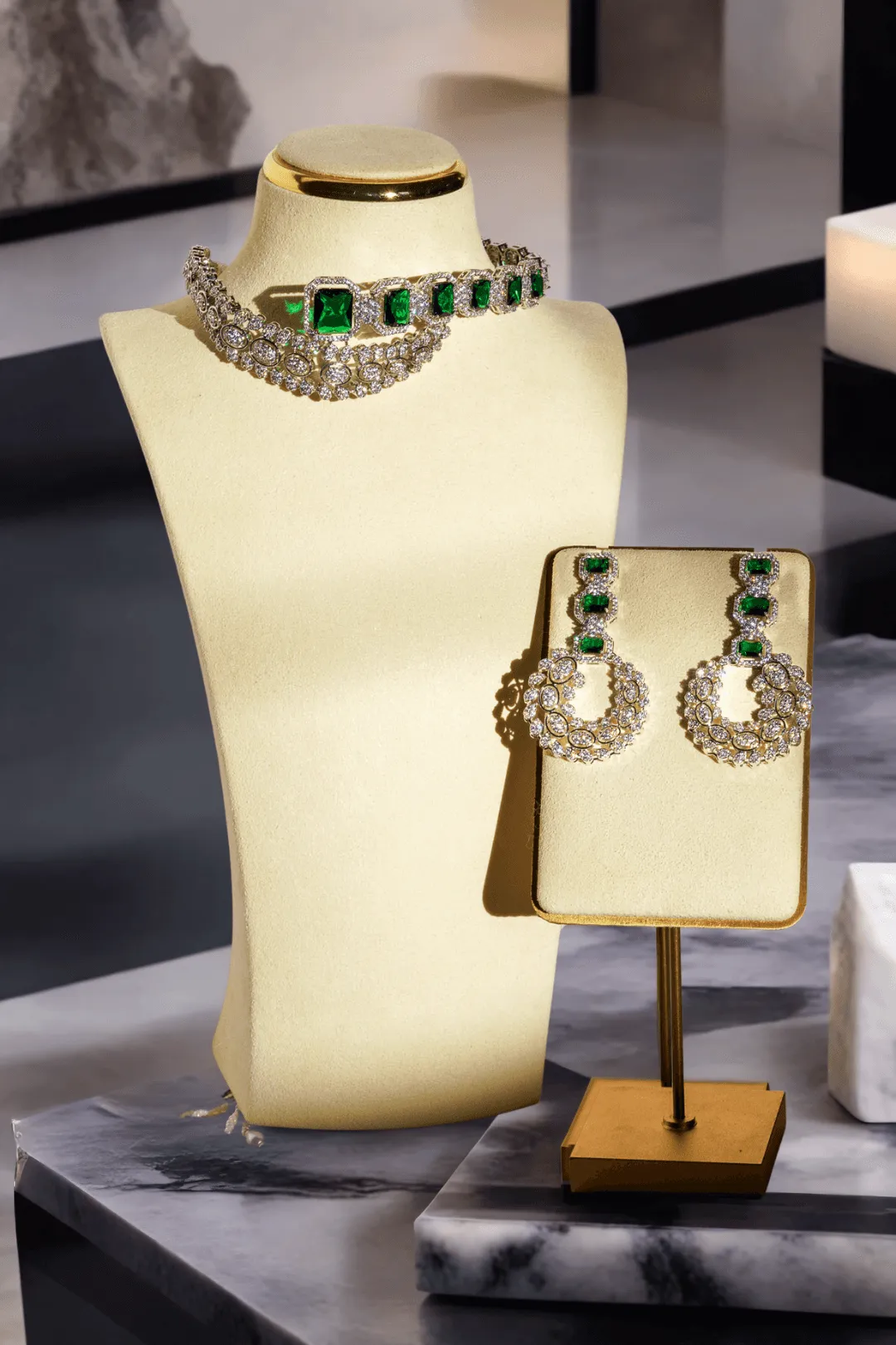 Ashma - Multilayer Rhodium Plated Silver Finish & Emerald Green Bridal Set