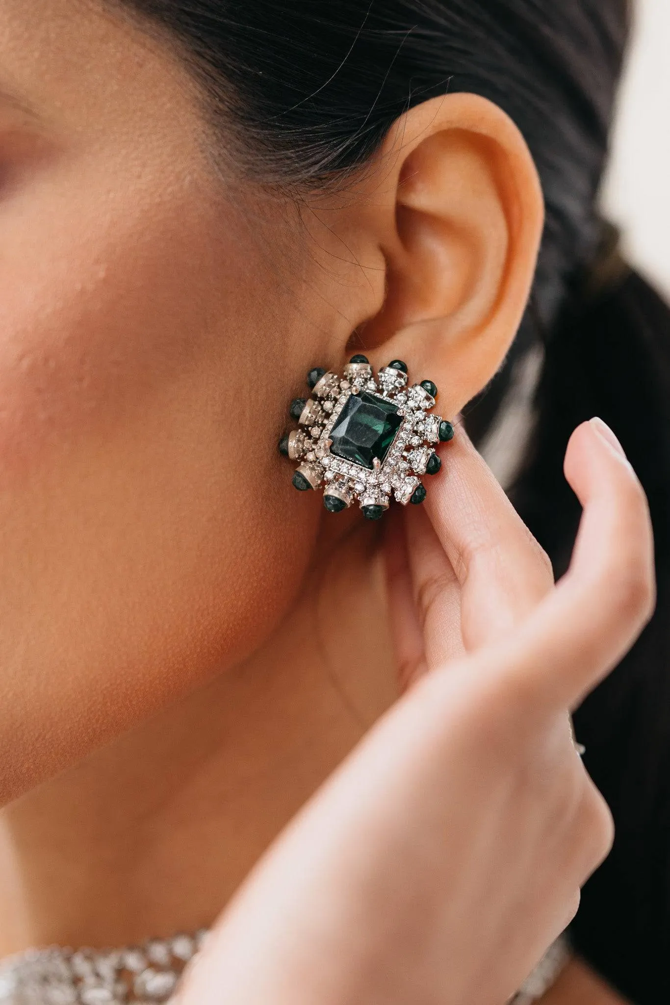 Ashma - Multilayer Rhodium Plated Silver Finish & Emerald Green Bridal Set