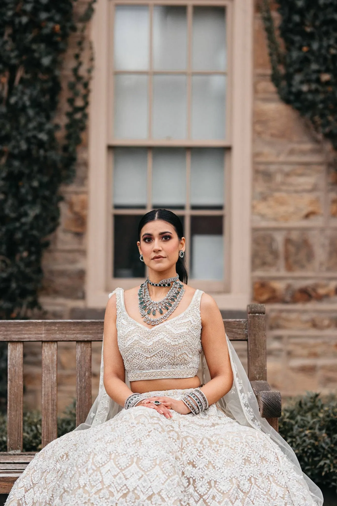 Ashma - Multilayer Rhodium Plated Silver Finish & Emerald Green Bridal Set