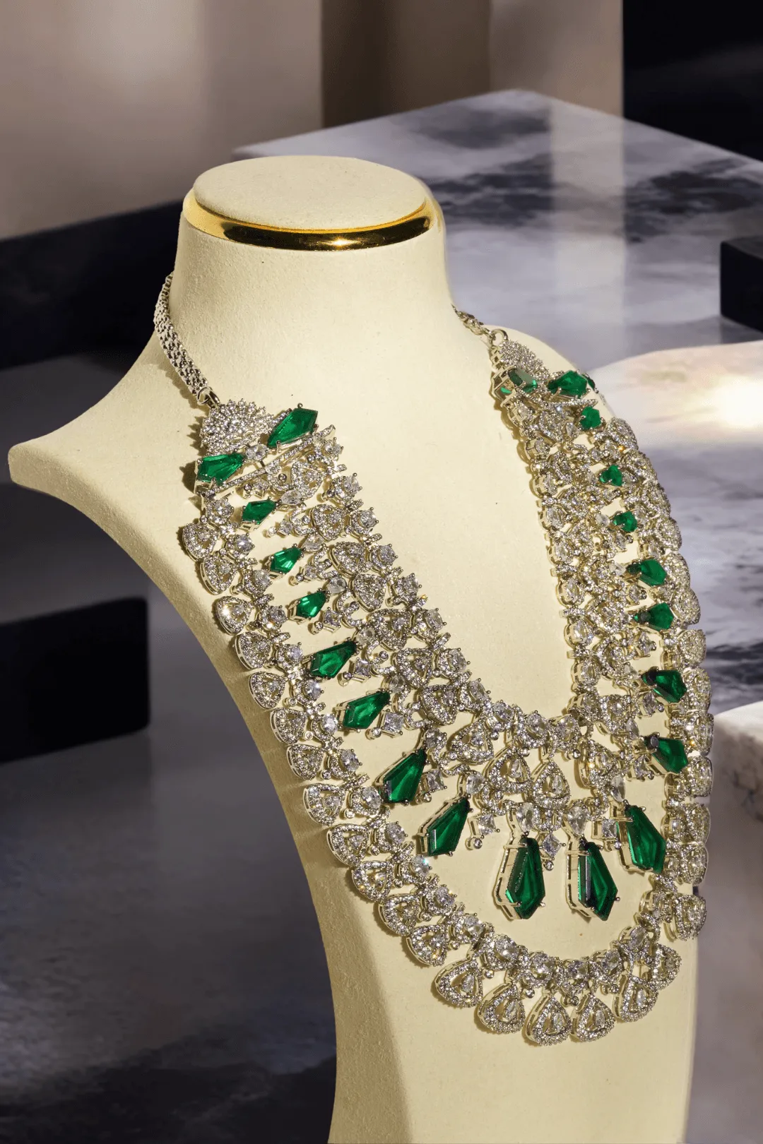 Ashma - Multilayer Rhodium Plated Silver Finish & Emerald Green Bridal Set