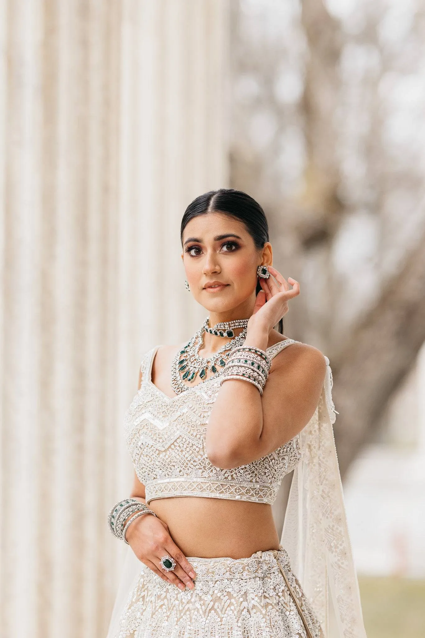 Ashma - Multilayer Rhodium Plated Silver Finish & Emerald Green Bridal Set
