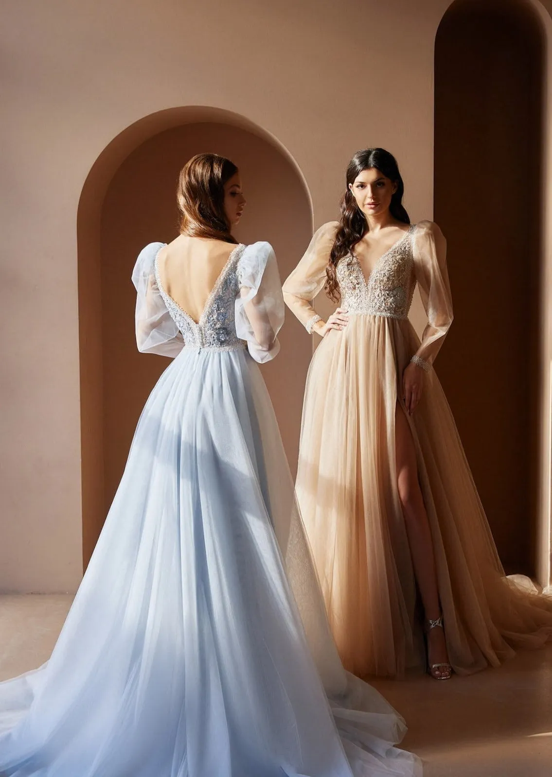 Beaded Lilac Ball Gown with Sleeves in Bohemian Style