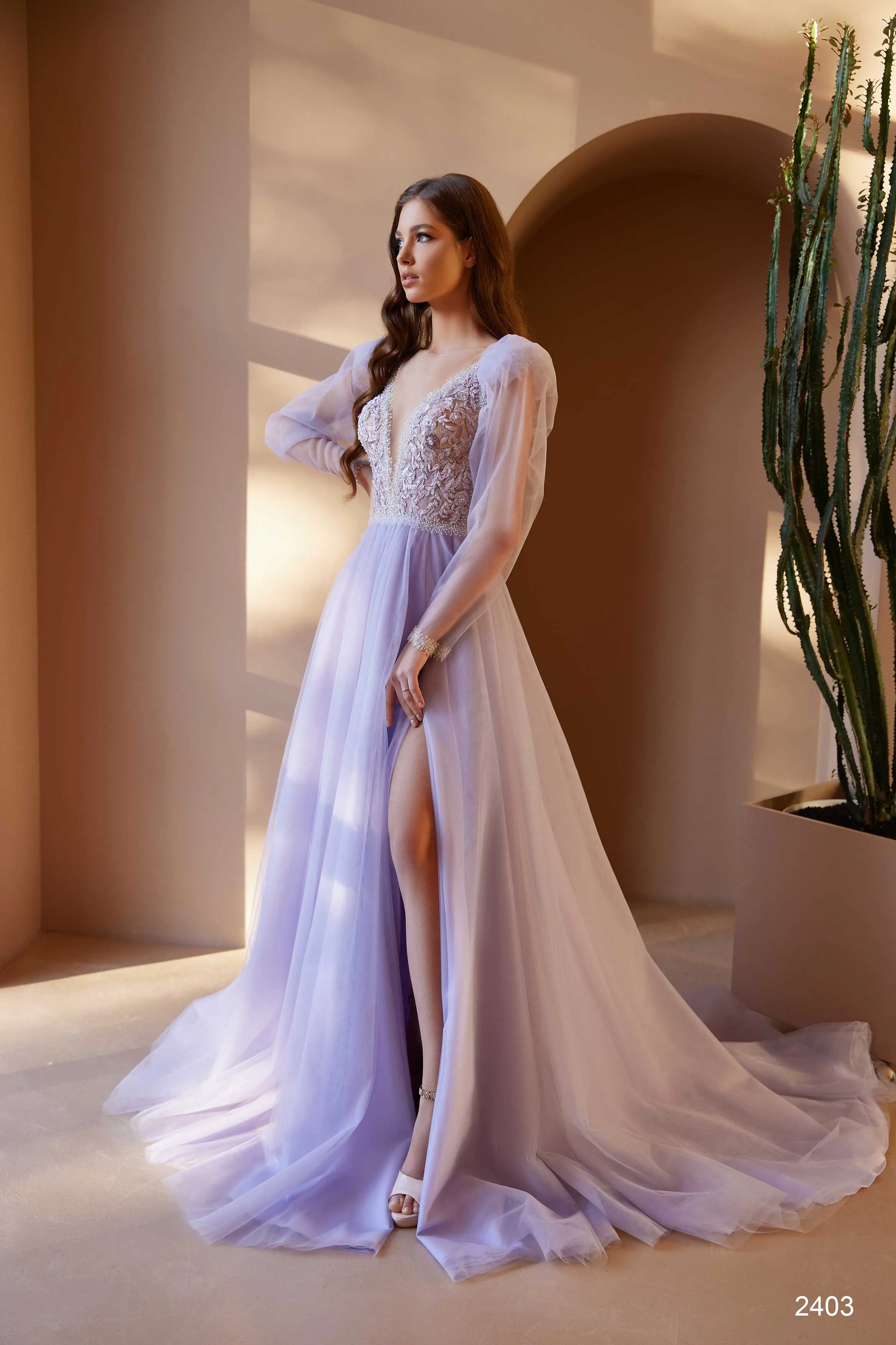 Beaded Lilac Ball Gown with Sleeves in Bohemian Style