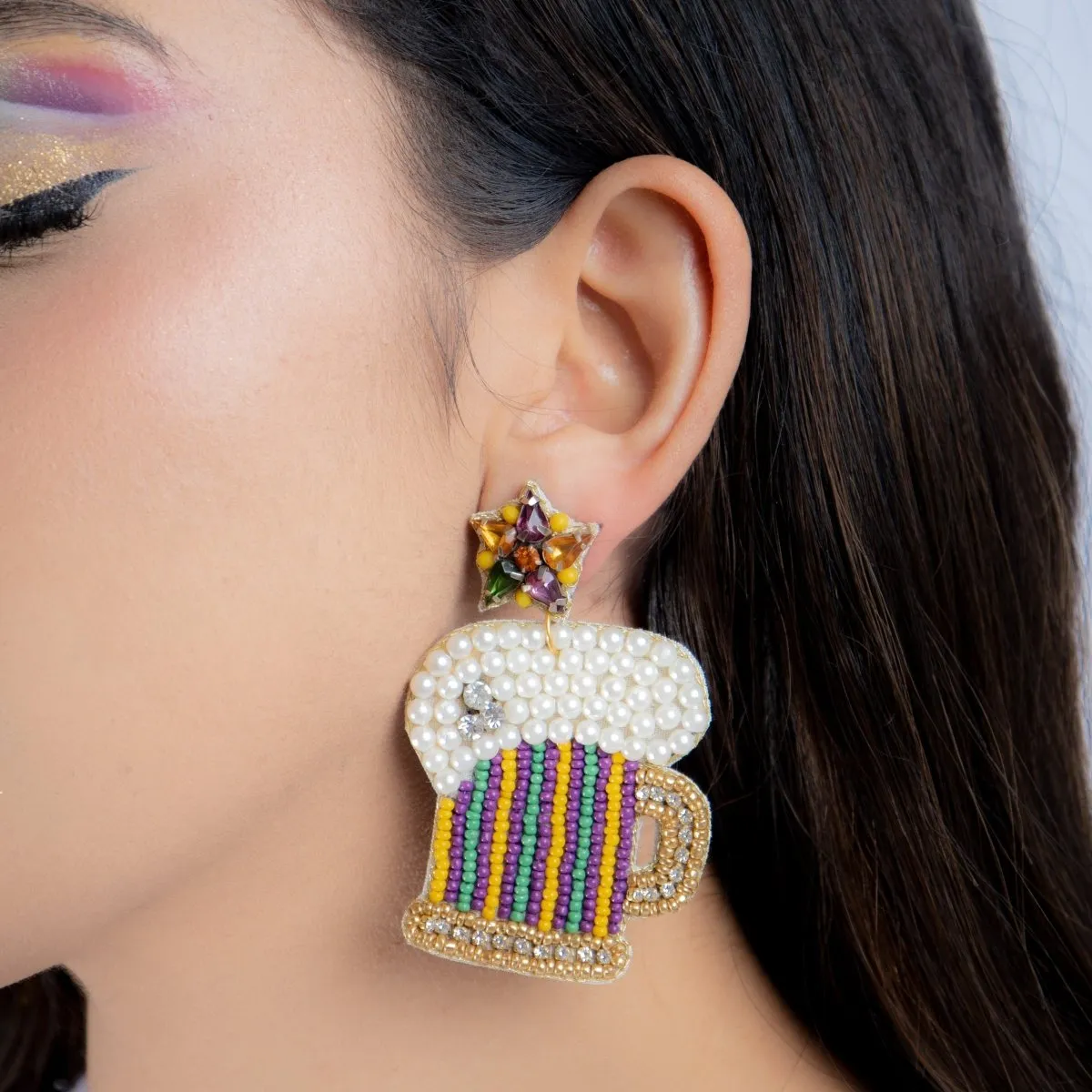 Beer Mug Mardi Gras Beaded Earrings with Pearls and Rhinestones