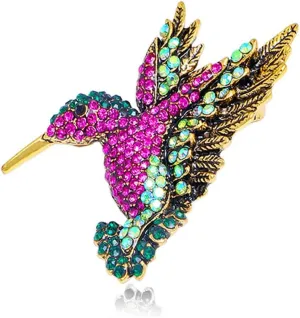 Bestdays Antique Tone Bird Hummingbird Sparkly Multi Colors Austrian Crystal Pin Brooch Jewelry