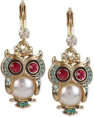 Betsey Johnson Pearl Critters Owl Drop Earrings