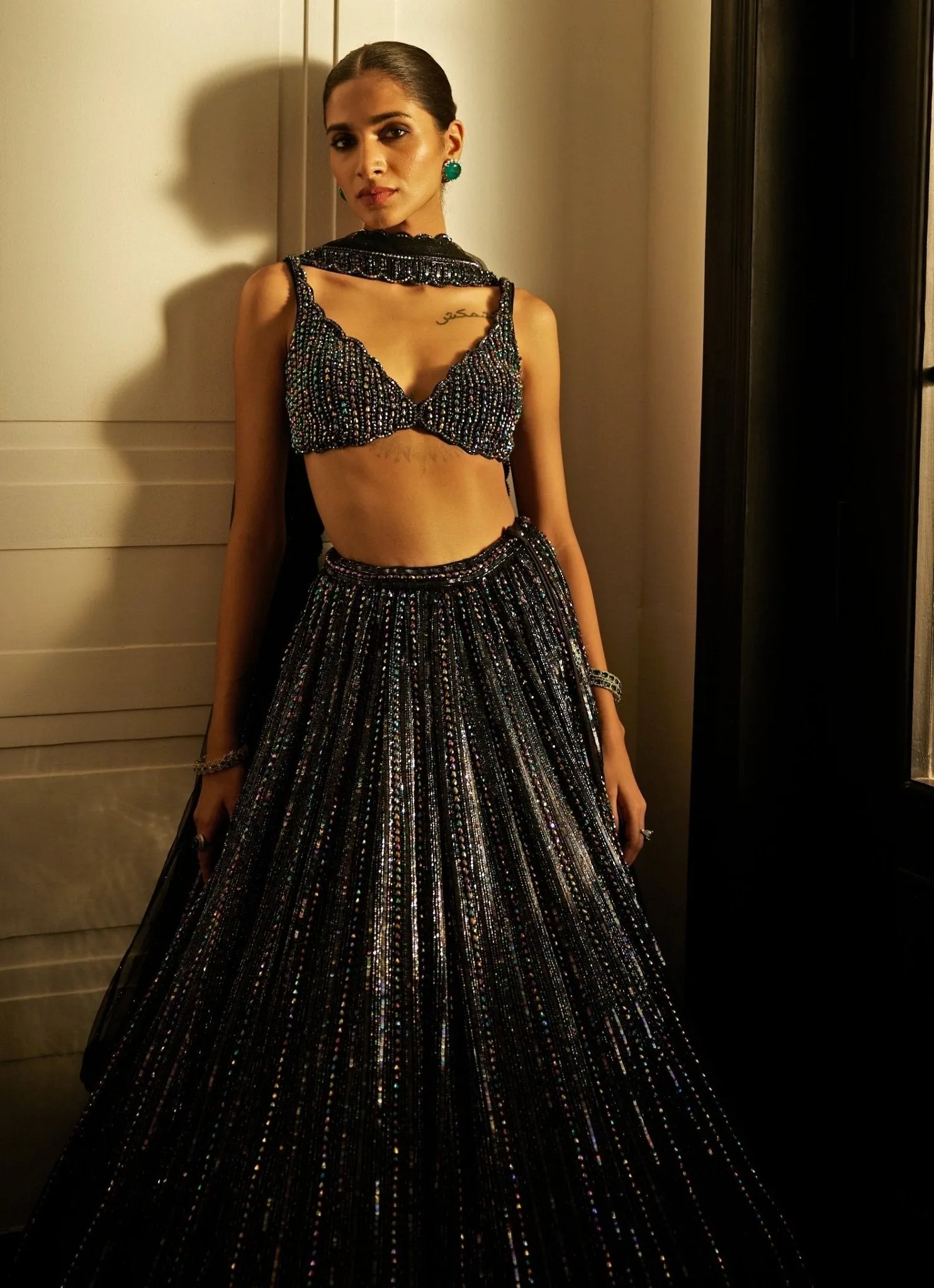 Black Crystal Linear Embroidered Organza Lehenga Set