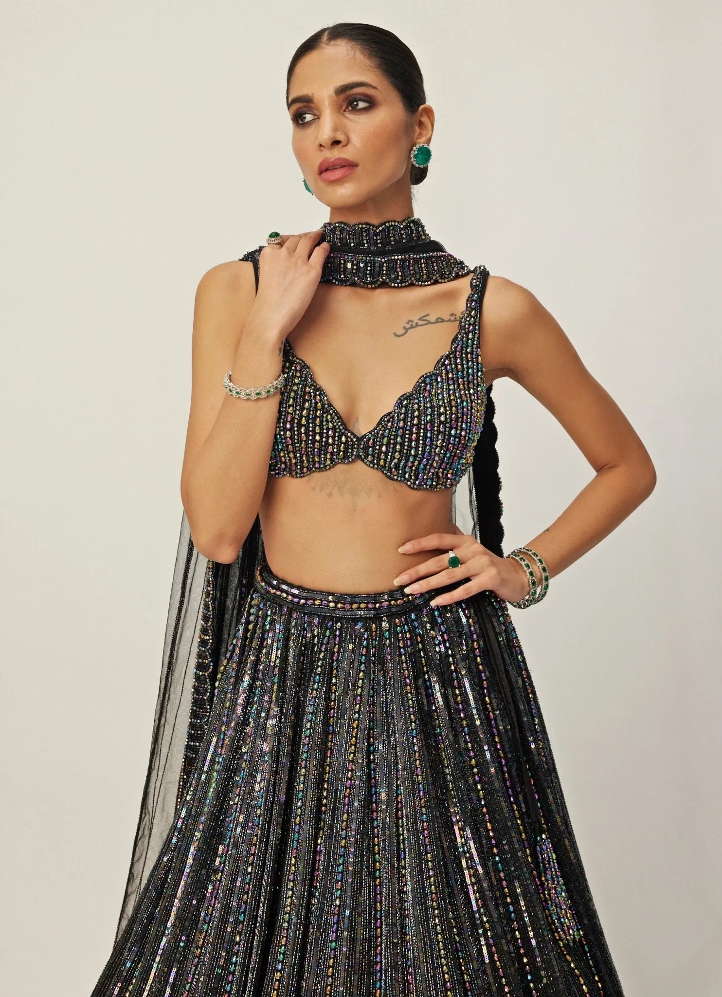 Black Crystal Linear Embroidered Organza Lehenga Set