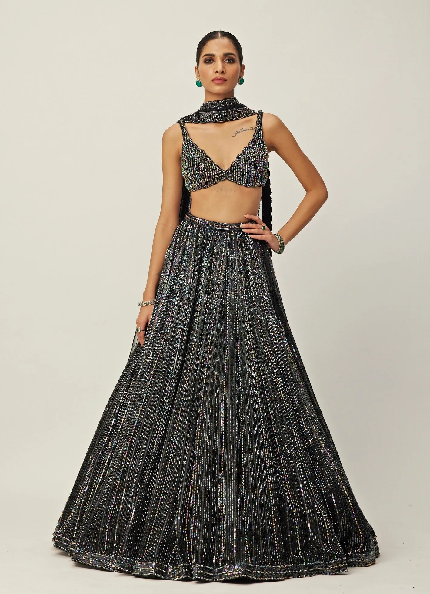 Black Crystal Linear Embroidered Organza Lehenga Set