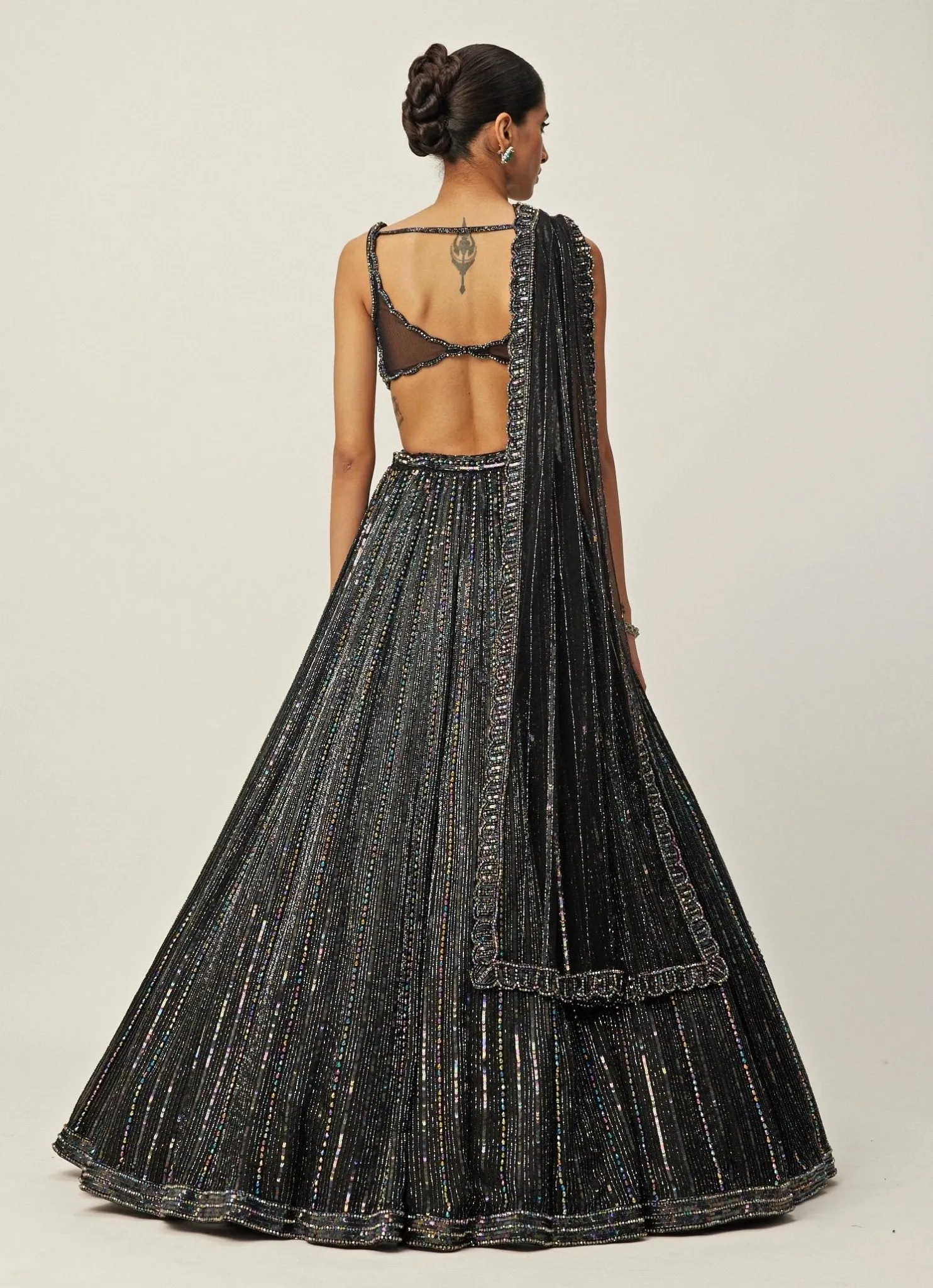 Black Crystal Linear Embroidered Organza Lehenga Set
