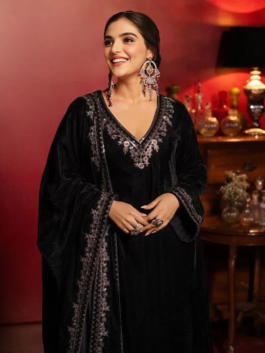 Black Velvet Zari Embroidered Kurta Set with Rich velvet Dupatta