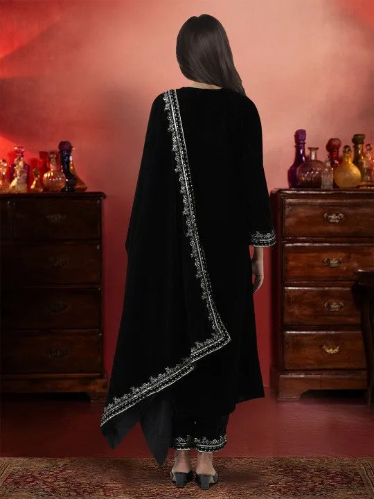 Black Velvet Zari Embroidered Kurta Set with Rich velvet Dupatta