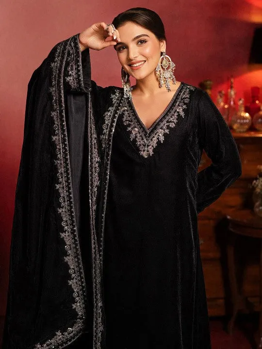 Black Velvet Zari Embroidered Kurta Set with Rich velvet Dupatta