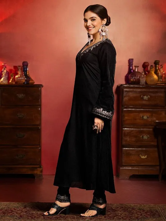 Black Velvet Zari Embroidered Kurta Set with Rich velvet Dupatta