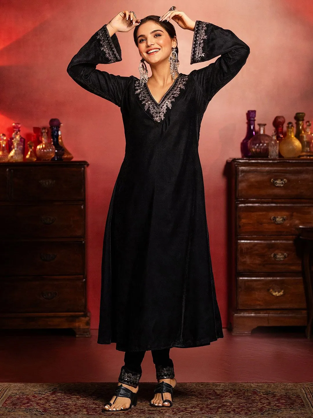 Black Velvet Zari Embroidered Kurta Set with Rich velvet Dupatta