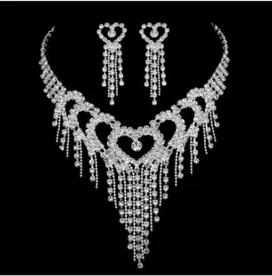 Bling tasseled hearts Necklace and Earring set For Brides and Bridal Party