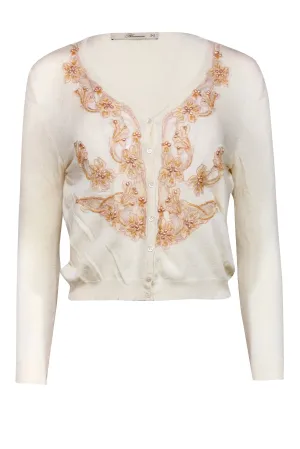 Bluemarine - Cream w/ Pink Floral Embroidery & Pearl Detailed Cardigan Sz S