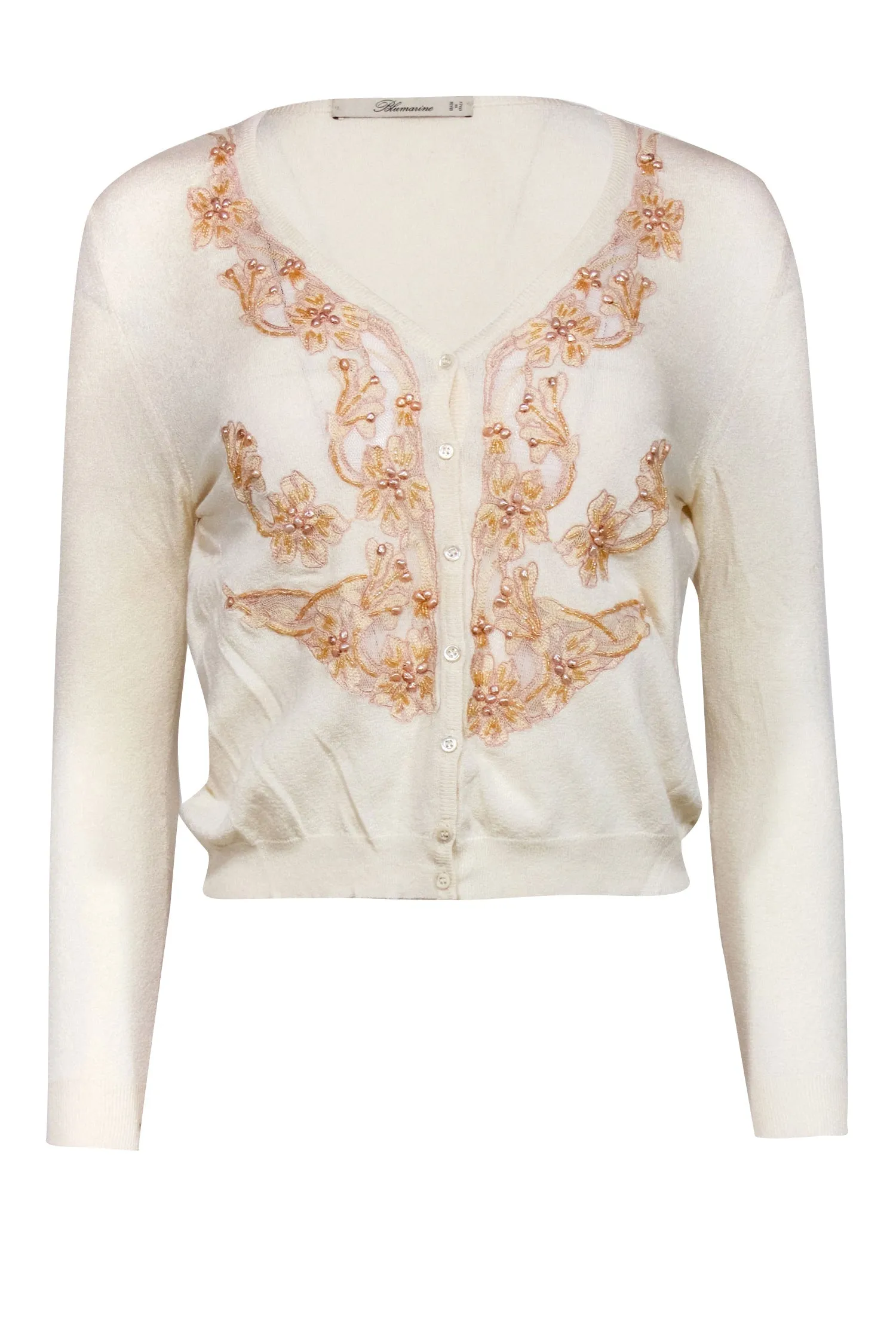 Bluemarine - Cream w/ Pink Floral Embroidery & Pearl Detailed Cardigan Sz S