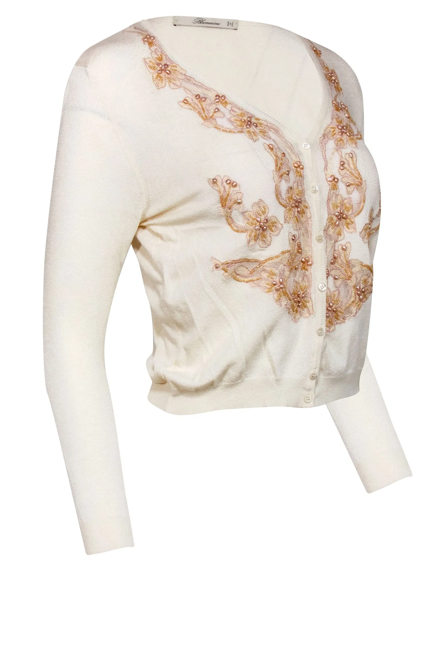 Bluemarine - Cream w/ Pink Floral Embroidery & Pearl Detailed Cardigan Sz S