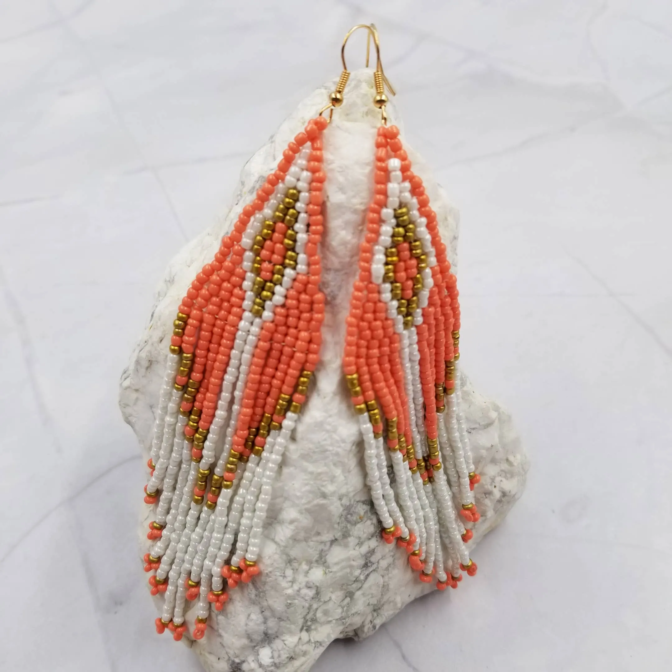 Boho Chic Bead Fringe Earrings Orange White