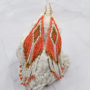Boho Chic Bead Fringe Earrings Orange White