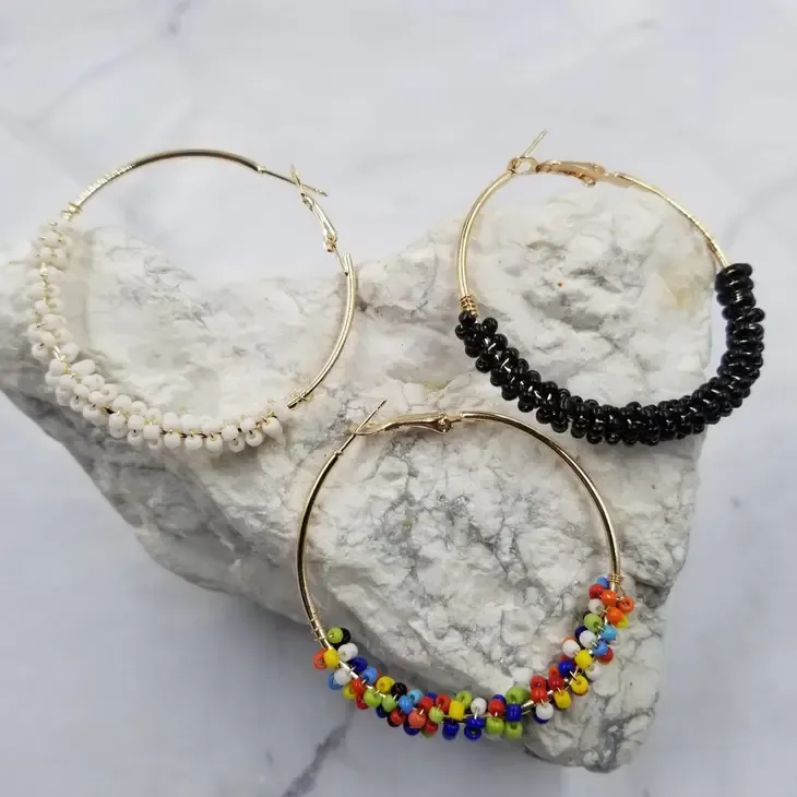Boho Handmade Beaded Hoop Earrings Black