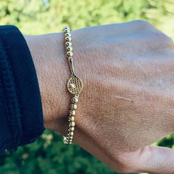 Born to Rally Gold Bead Tennis Racket Bracelet