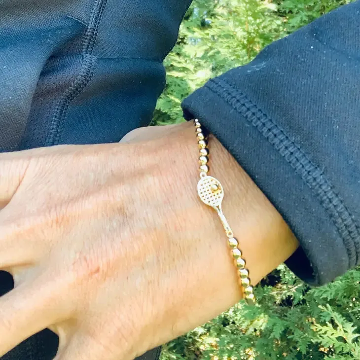 Born to Rally Gold Bead Tennis Racket Bracelet