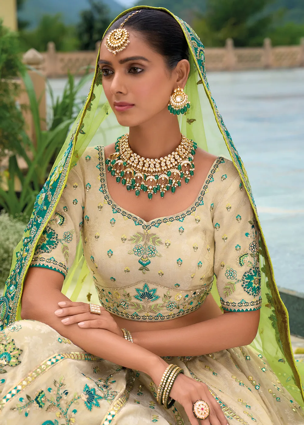 Bridal Beige Green Heavy Embroidered Designer Lehenga Choli
