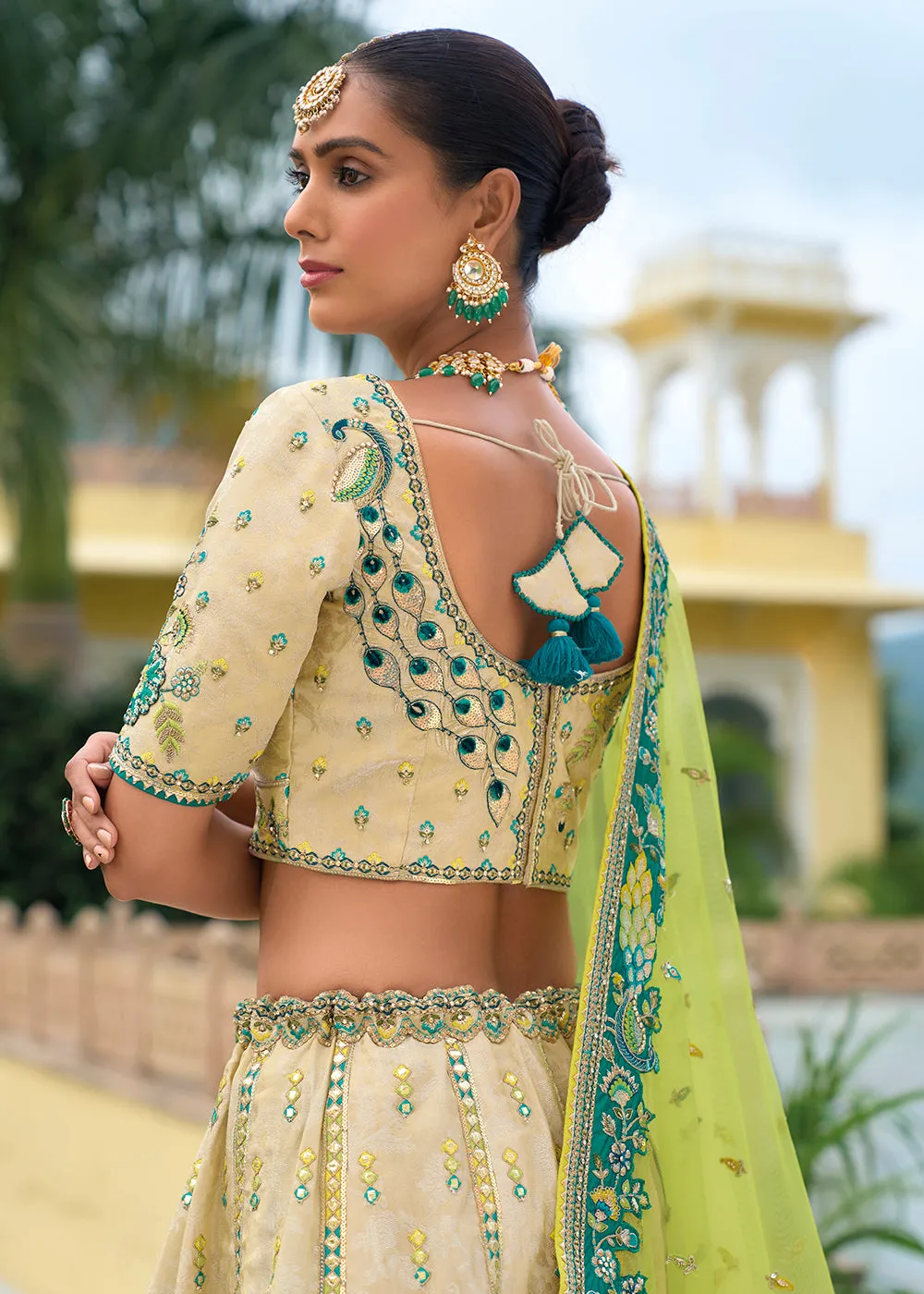 Bridal Beige Green Heavy Embroidered Designer Lehenga Choli