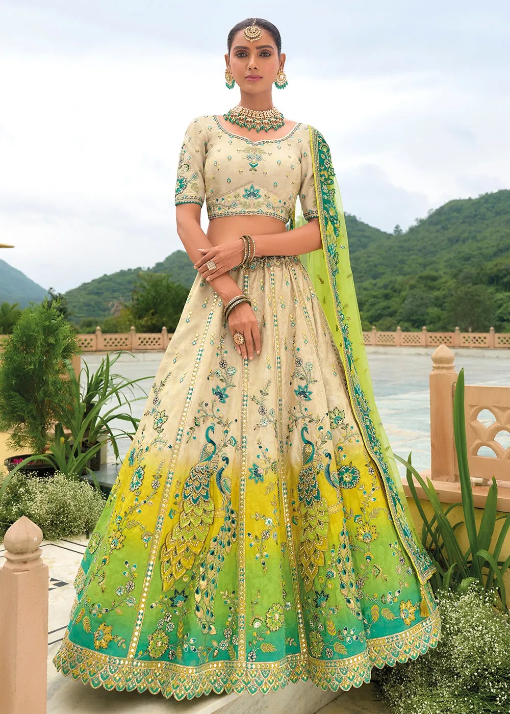 Bridal Beige Green Heavy Embroidered Designer Lehenga Choli