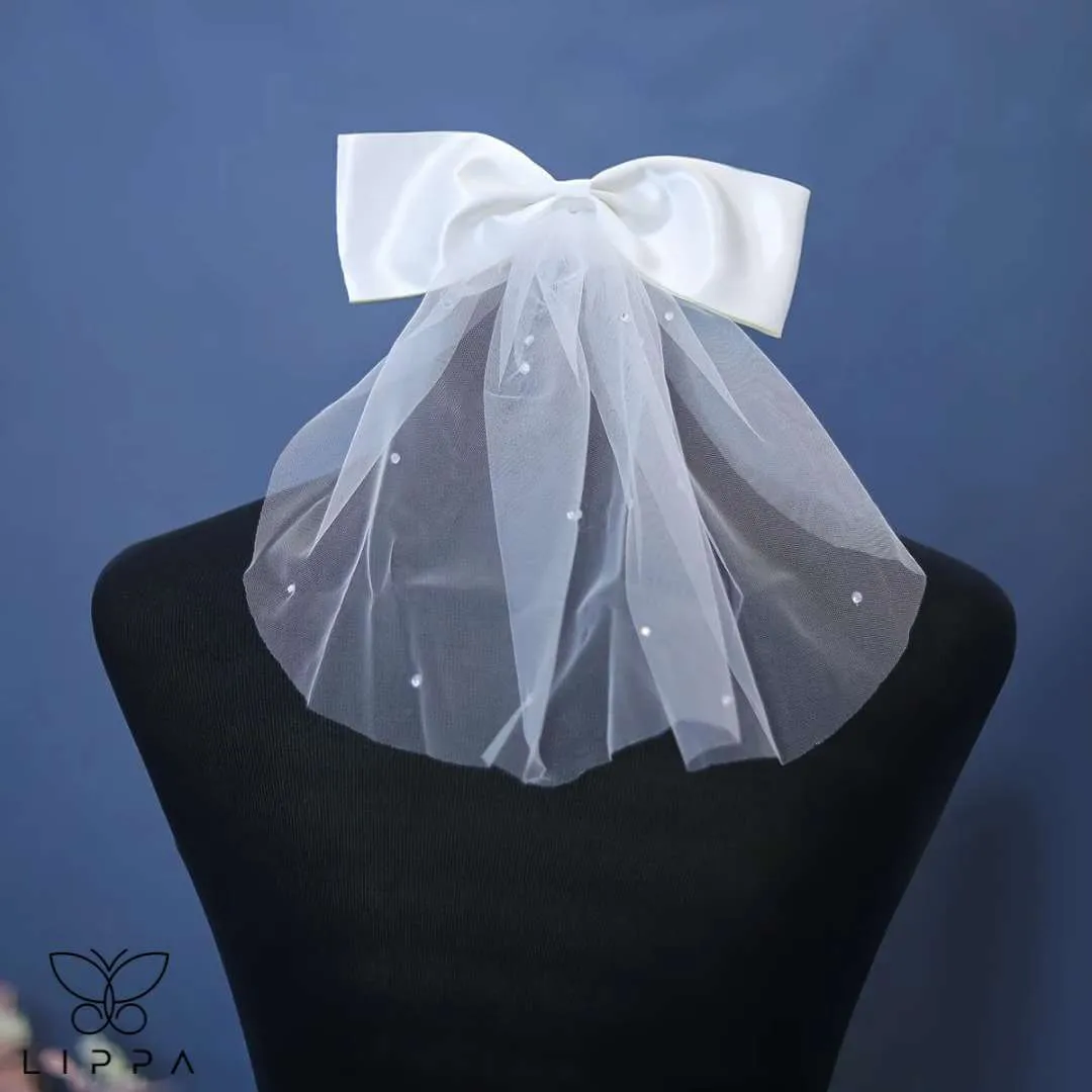 Bridal Bow Veil Headdress with Ivory Tulle