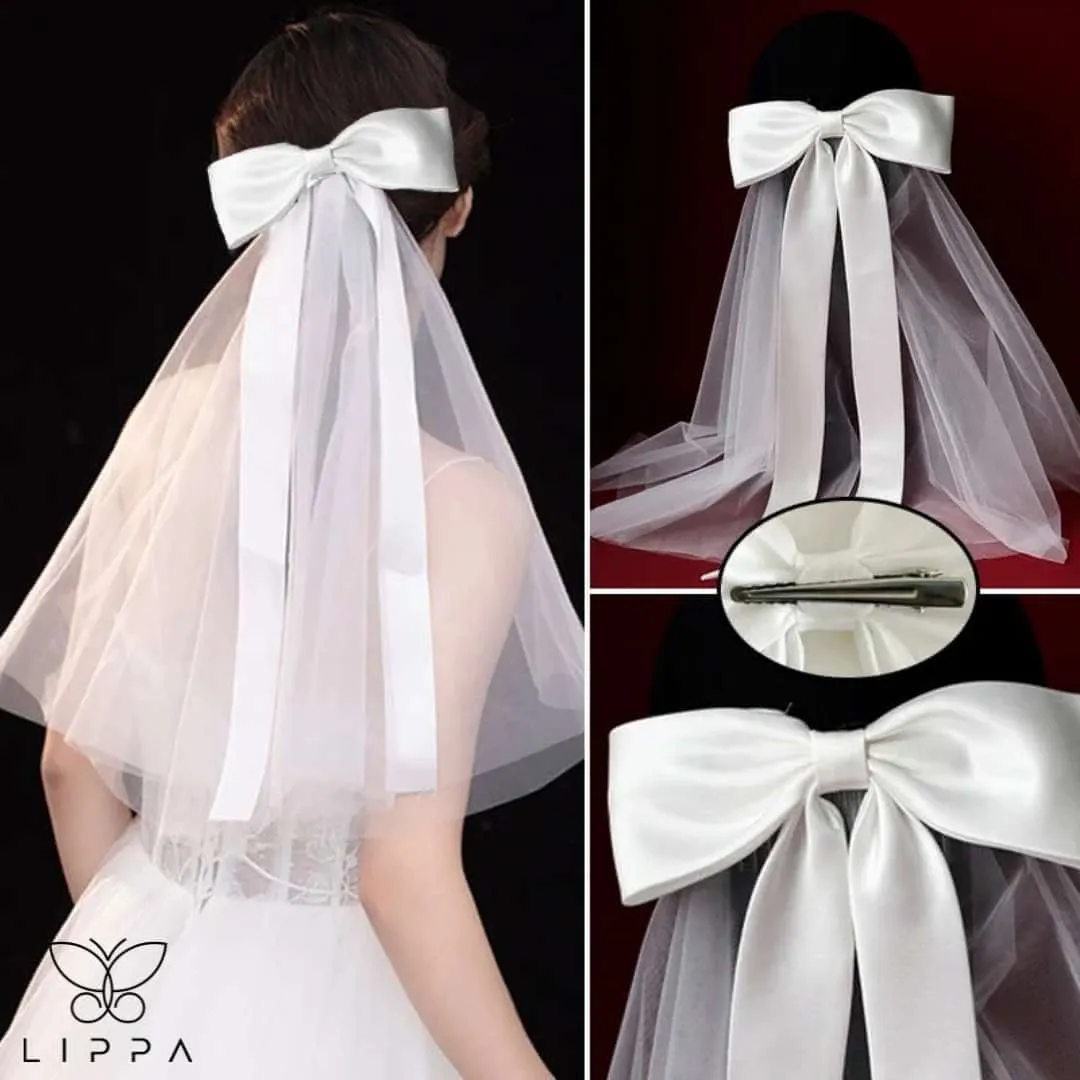 Bridal Bow Veil Headdress with Ivory Tulle