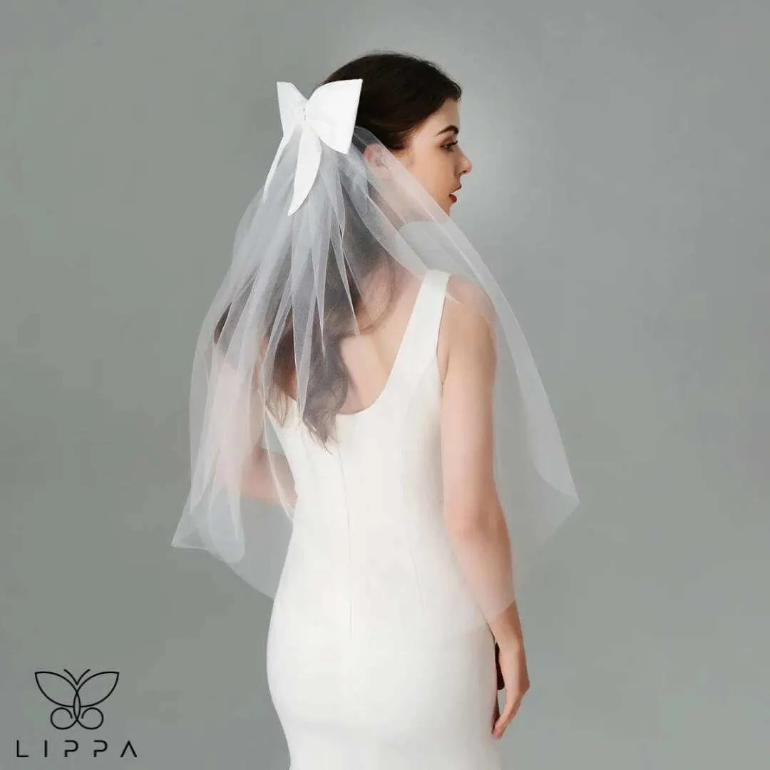 Bridal Bow Veil Headdress with Ivory Tulle