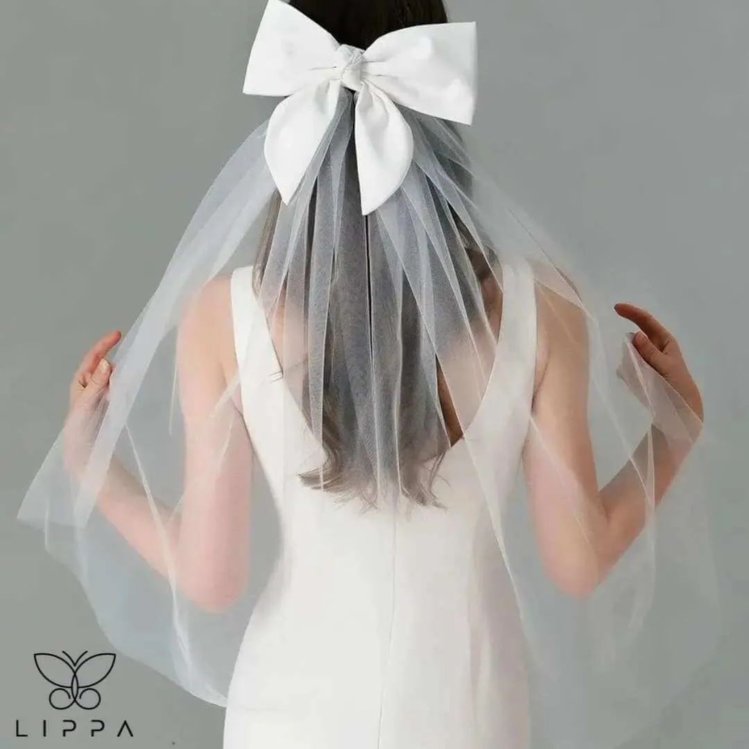 Bridal Bow Veil Headdress with Ivory Tulle