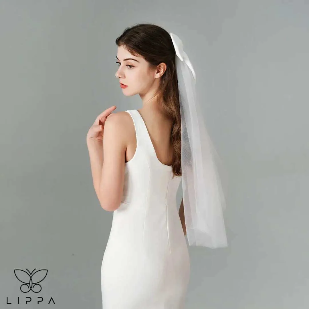 Bridal Bow Veil Headdress with Ivory Tulle