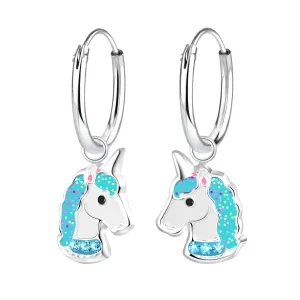 Children's Sterling Silver 'Blue Sparkle Unicorn' Hoop Earrings