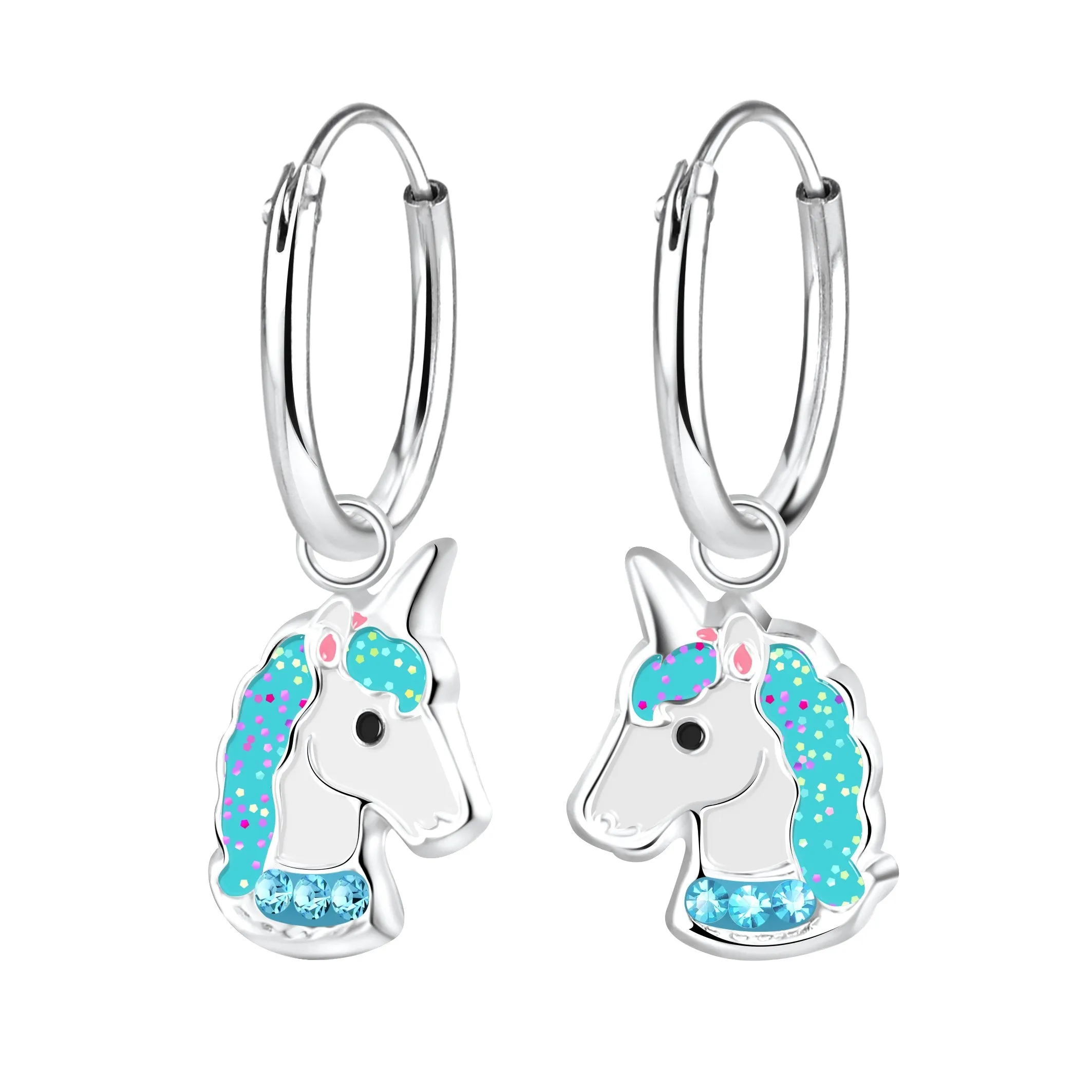 Children's Sterling Silver 'Blue Sparkle Unicorn' Hoop Earrings
