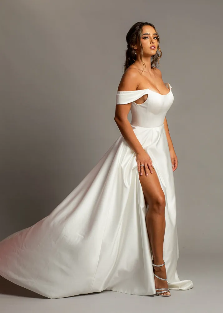 Crescent moon neckline off the shoulder wedding dress with slit and low back