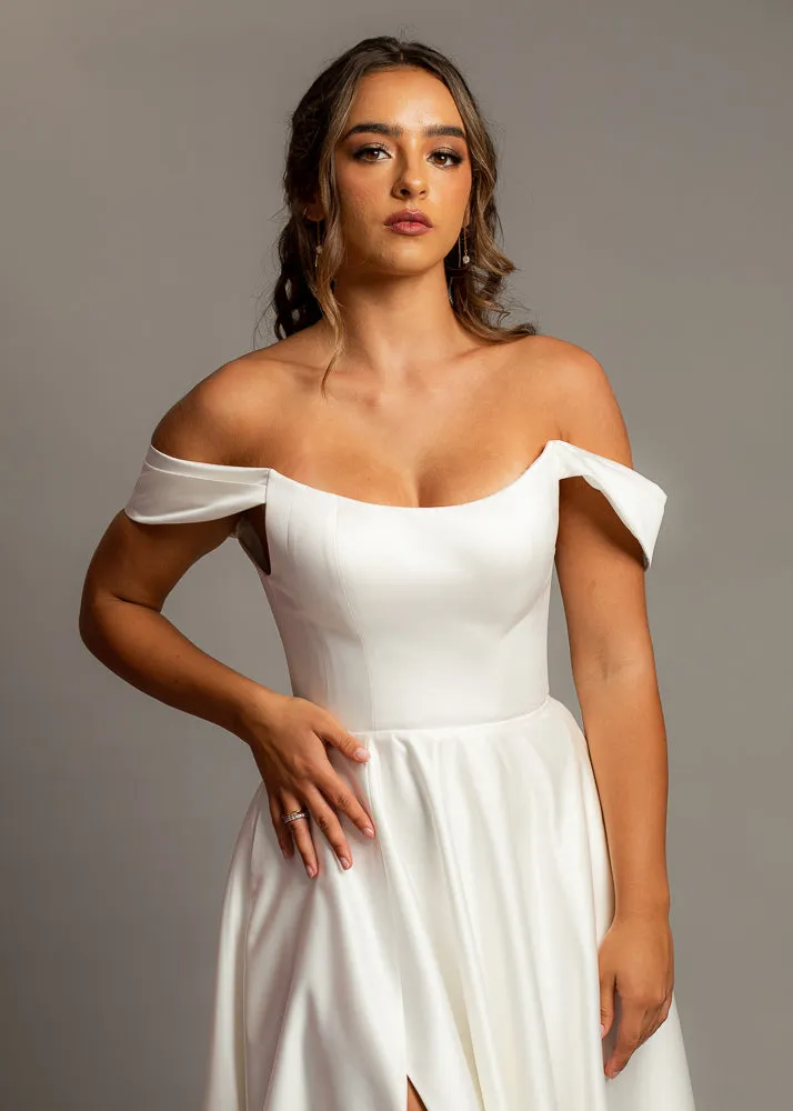 Crescent moon neckline off the shoulder wedding dress with slit and low back