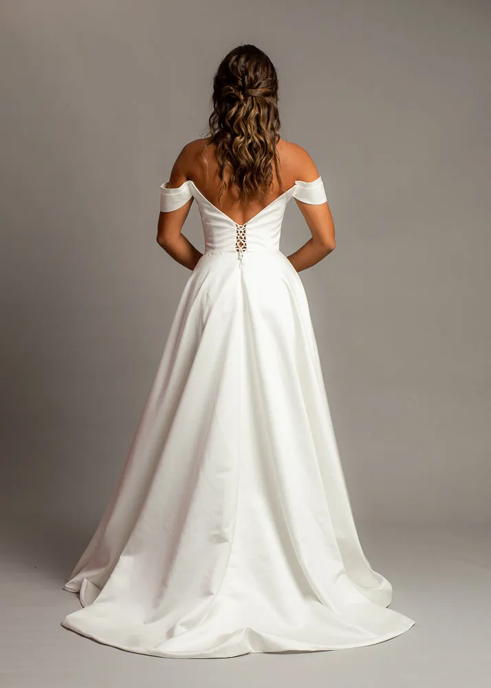 Crescent moon neckline off the shoulder wedding dress with slit and low back