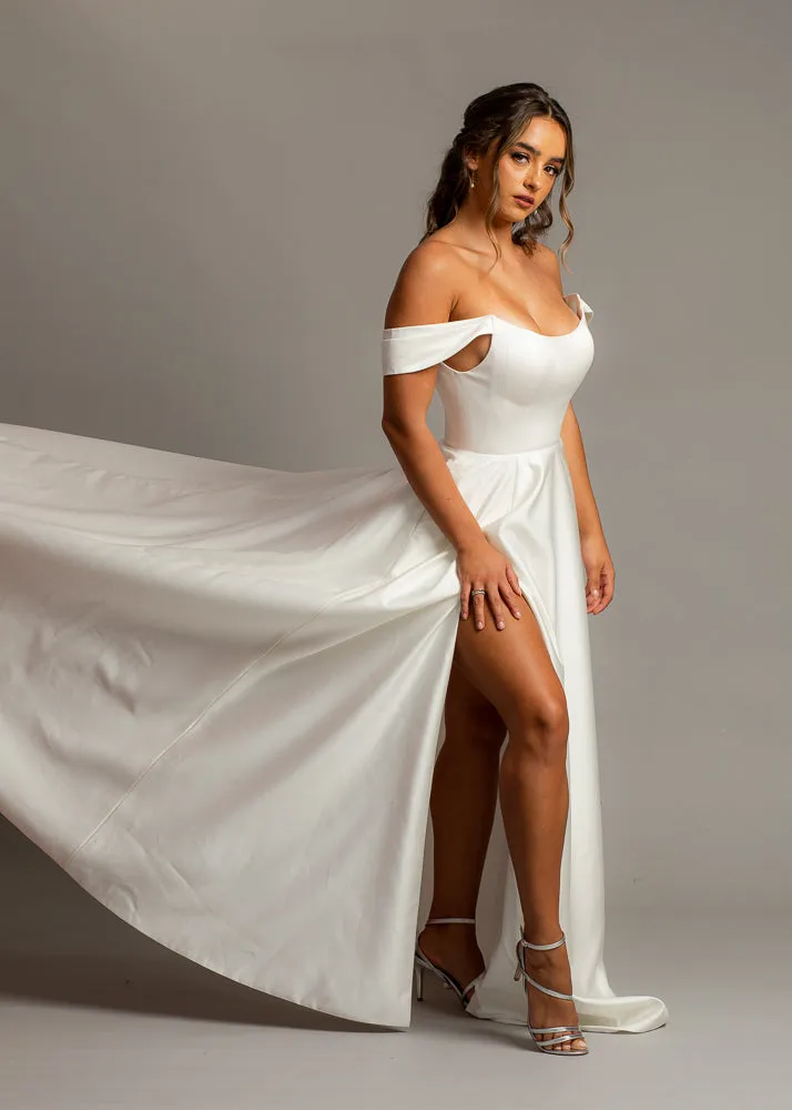 Crescent moon neckline off the shoulder wedding dress with slit and low back