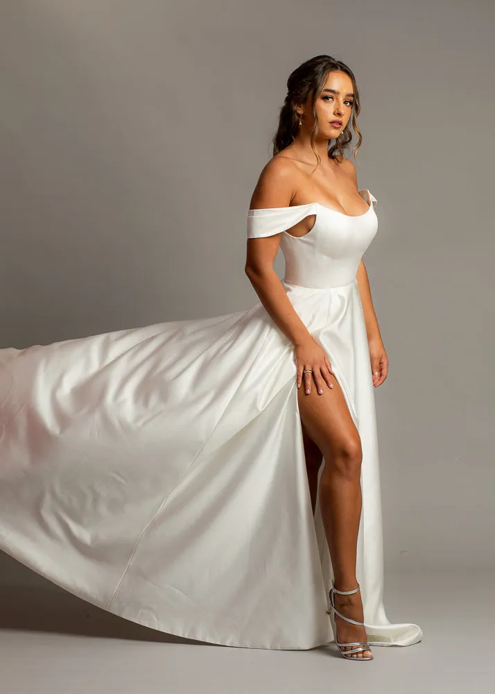 Crescent moon neckline off the shoulder wedding dress with slit and low back