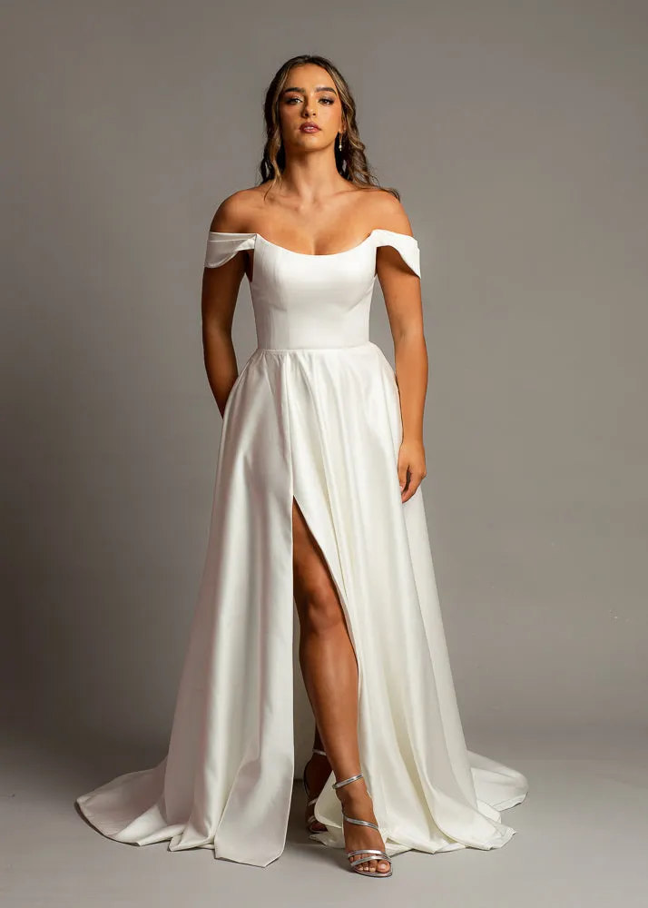 Crescent moon neckline off the shoulder wedding dress with slit and low back